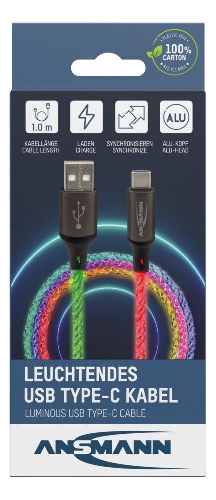 Kabel Ansmann USB-A/C z oświetleniem LED 100cm Kabel Ansmann USB-A/C z oświetleniem LED 100cm