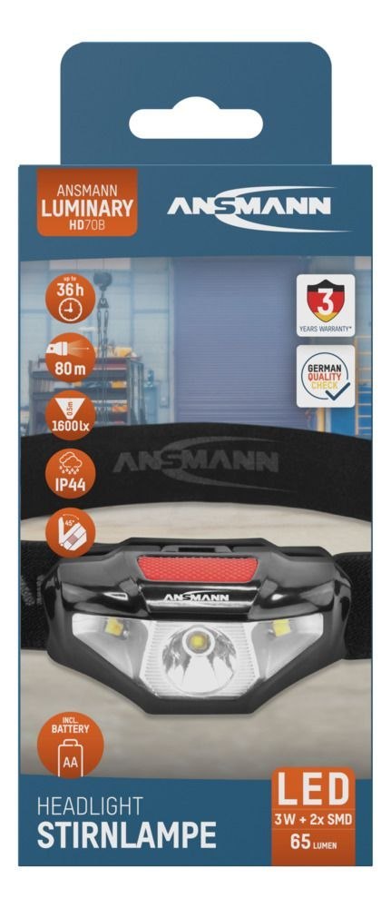 Latarka czołowa LED Ansmann HD70B, 65 lm, 1xAA Latarka czołowa LED Ansmann HD70B, 65 lm, 1xAA