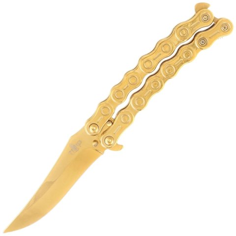 Nóż motylkowy Third Decor Habitat Balisong Chain Gold Titanium Stainless Steel, Gold Titanium 420 (K2819D) Nóż motylkowy Third Decor Habitat Balisong Chain Gold Titanium Stainless Steel, Gold Titanium 420 (K2819D)